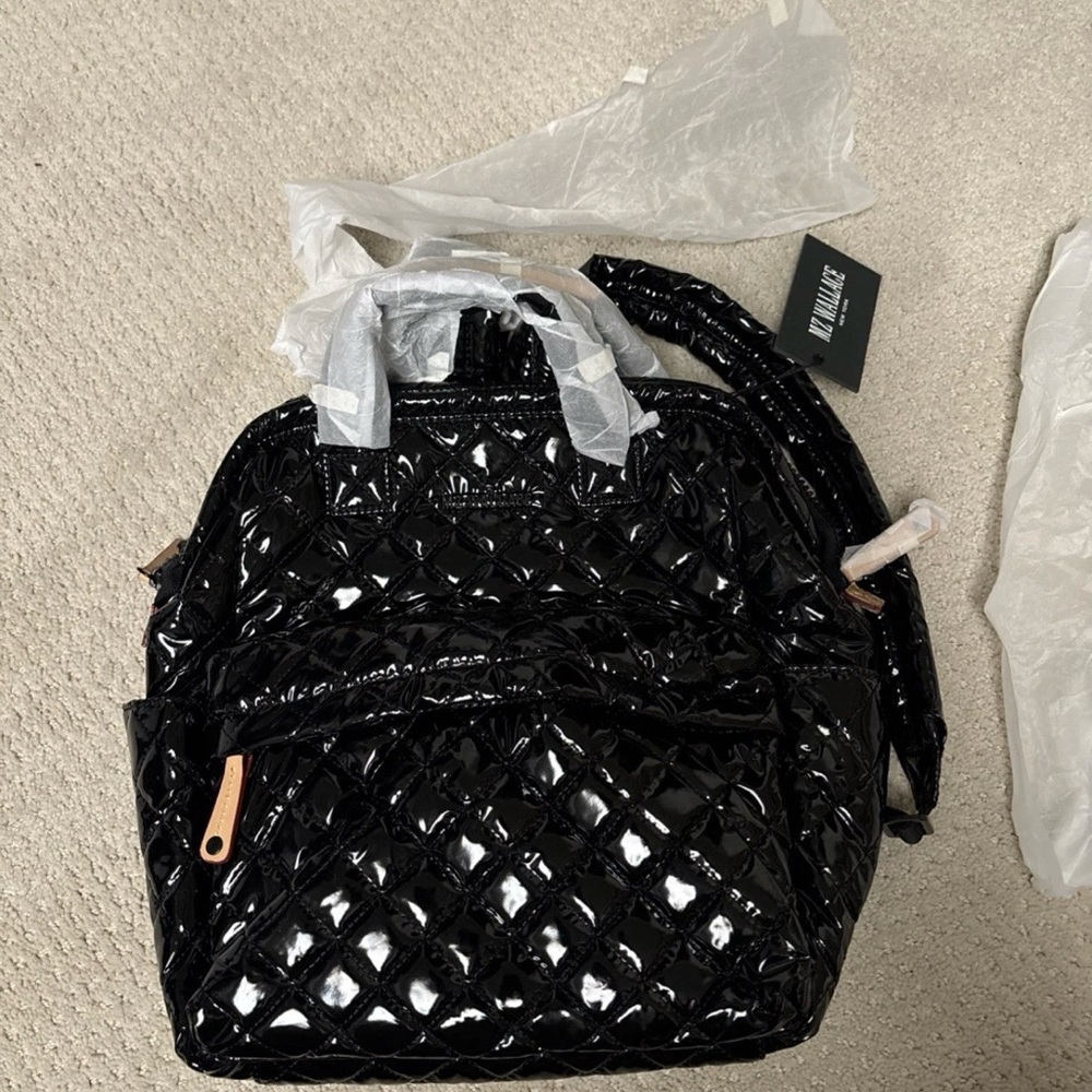 MZ Wallace Small Top Handle Black Lacquer Backpack